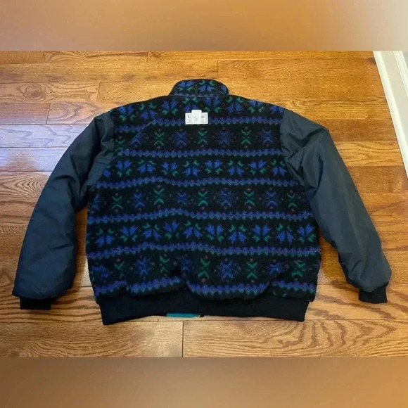 VTG LL Bean Warm Up Jacket Mens Teal Full Zip Fleece Lined Aztec Reversible Sz M - Picture 8 of 13
